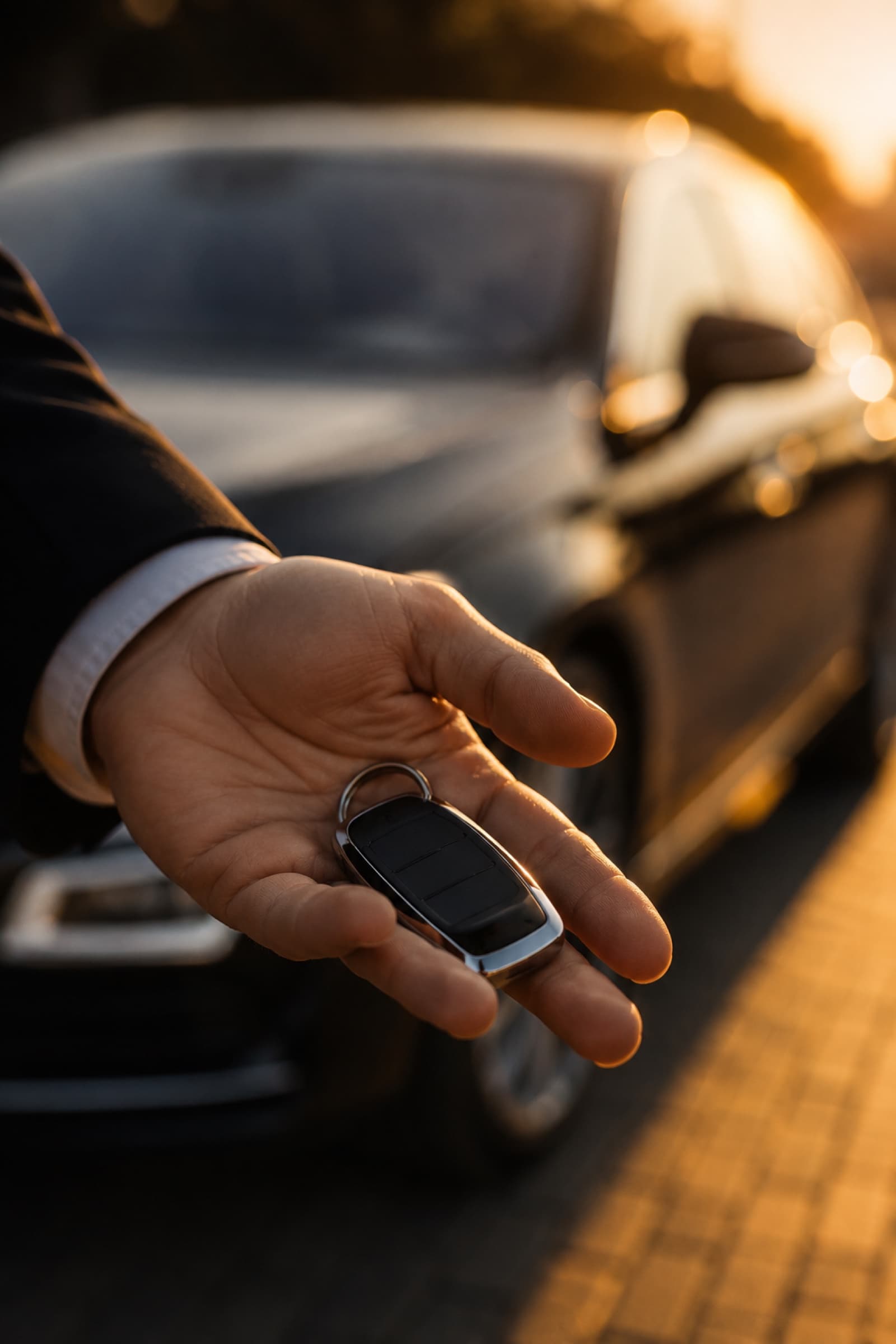 Cheile unei mașini oferite clientului, în lumină de apus